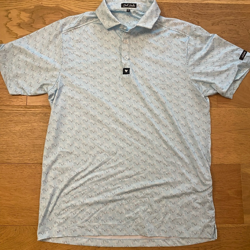 Bad Birdie Light Blue Men’s golf Polo with flamingo Pattern size M EUC